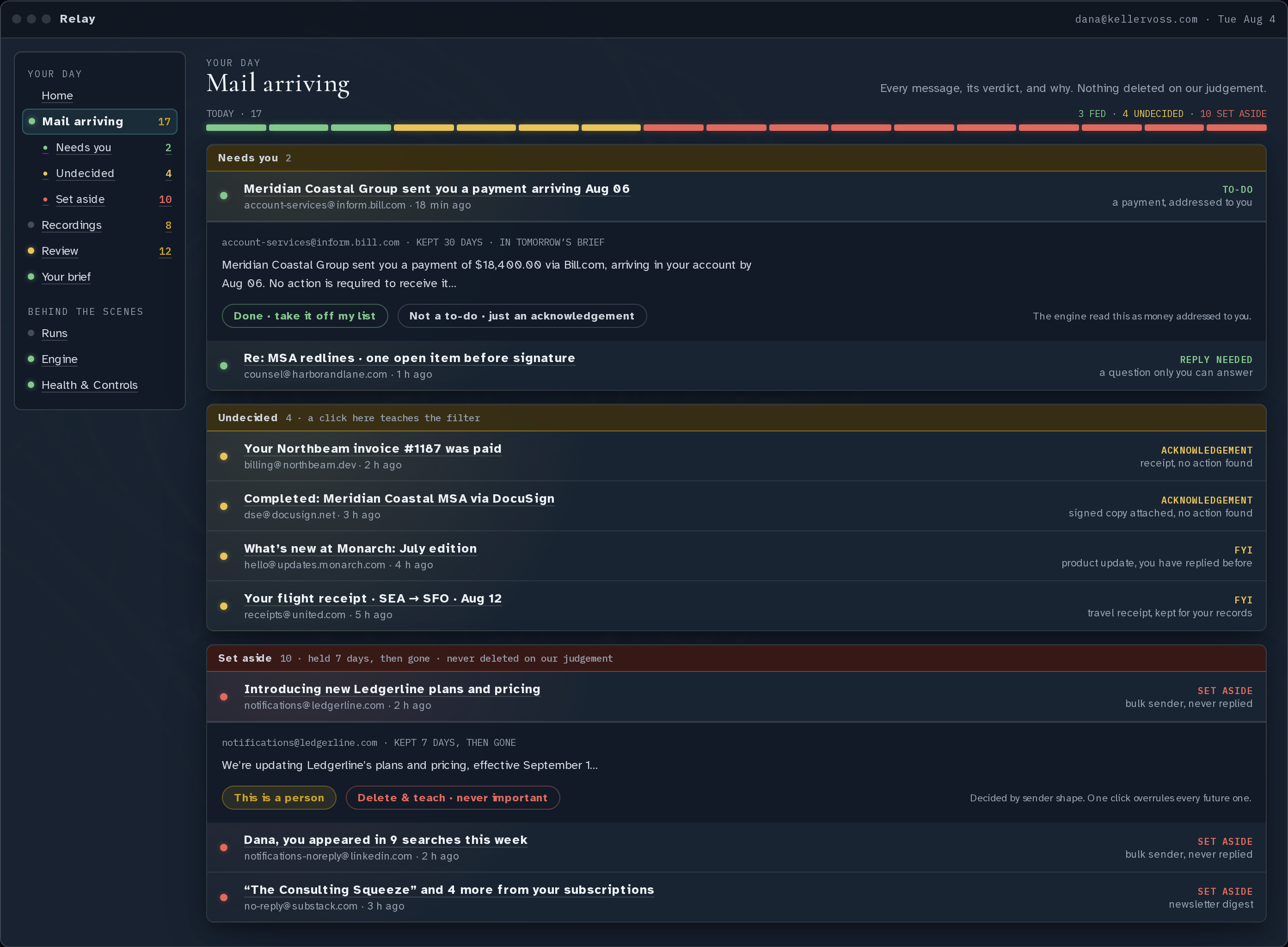 Relay mail view showing messages sorted into visible decision bands