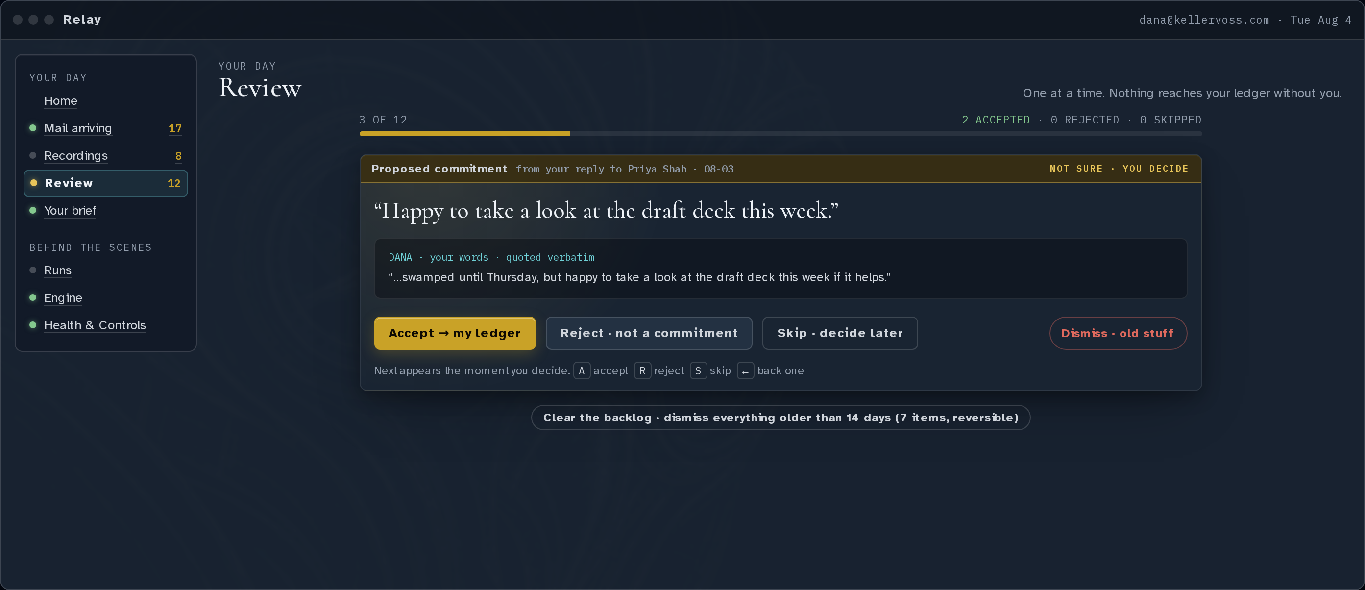 Relay review view showing source-linked decisions for human confirmation